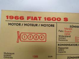 Fiat 1600 S 1966 Sun Electric Corporation -säätöarvokortti, monikielinen - englanti - espanja - saksa - ranska -Technical specifications card