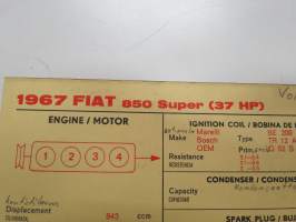 Fiat 850 1967 Super (37 HP) Sun Electric Corporation -säätöarvokortti, monikielinen - englanti - espanja - saksa - ranska -Technical specifications