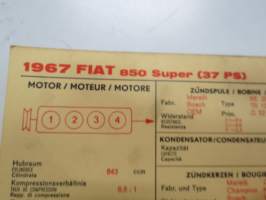 Fiat 850 1967 Super (37 HP) Sun Electric Corporation -säätöarvokortti, monikielinen - englanti - espanja - saksa - ranska -Technical specifications