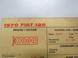 Fiat 128 1970 Sun Electric Corporation -säätöarvokortti, monikielinen - englanti - espanja - saksa - ranska -Technical specifications