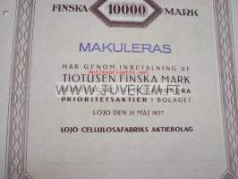 Lojo Cellulosafabriks Aktiebolag, Lojo 1927, 10 000 mk -osakekirja