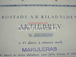 Bostads A.B. Kiladälden, Karis 1945, 43 000 mk -osakekirja