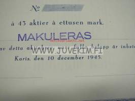 Bostads A.B. Kiladälden, Karis 1945, 43 000 mk -osakekirja