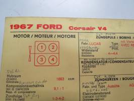 Ford Corsair V4 1967 Sun Electric Corporation -säätöarvokortti, monikielinen - englanti - espanja - saksa - ranska -Technical specifications