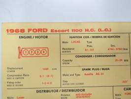 Ford Escort 1100 1968 H.C. (L.C.) Sun Electric Corporation -säätöarvokortti, monikielinen - englanti - espanja - saksa - ranska -Technical specifications