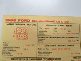 Ford (Germany) 1,5 L LC 1968 Sun Electric Corporation -säätöarvokortti, monikielinen - englanti - espanja - saksa - ranska -Technical specifications
