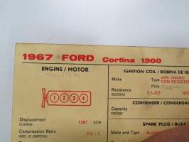 Ford Cortina 1300 1967 Sun Electric Corporation -säätöarvokortti, monikielinen - englanti - espanja - saksa - ranska -Technical specifications