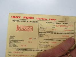 Ford Cortina 1300 1967 Sun Electric Corporation -säätöarvokortti, monikielinen - englanti - espanja - saksa - ranska -Technical specifications
