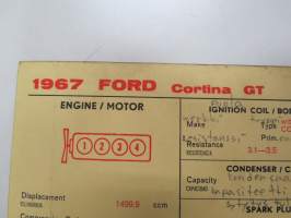 Ford Cortina GT 1967 Sun Electric Corporation -säätöarvokortti, monikielinen - englanti - espanja - saksa - ranska -Technical specifications