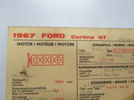 Ford Cortina GT 1967 Sun Electric Corporation -säätöarvokortti, monikielinen - englanti - espanja - saksa - ranska -Technical specifications