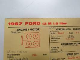 Ford 12M 1,3 ltr. 1967 Sun Electric Corporation -säätöarvokortti, monikielinen - englanti - espanja - saksa - ranska -Technical specifications