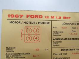 Ford 12M 1,3 ltr. 1967 Sun Electric Corporation -säätöarvokortti, monikielinen - englanti - espanja - saksa - ranska -Technical specifications