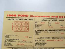 Ford (Germany) 20M 2,0 L HC 1968 Sun Electric Corporation -säätöarvokortti, monikielinen - englanti - espanja - saksa - ranska -Technical specs