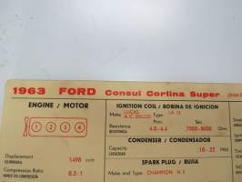 Ford Consul Cortina Super 1963 from eng. nr. 116E-15126 Sun Electric Corporation -säätöarvokortti, monikielinen - englanti - espanja - saksa - ranska -Technical spec