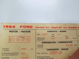 Ford Cortina GT, Capri GT, Corsair GT 1964 from eng. nr. 122E... Sun Electric Corporation -säätöarvokortti, monikielinen - englanti - espanja - saksa - ranska -