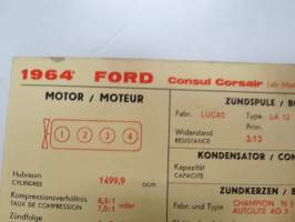 Ford 1964 Consul Corsair from eng. nr 120 E... and Cortina from eng. nr. 116 E Sun Electric Corporation -säätöarvokortti, monikielinen - englanti - espanja - saksa
