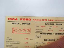 Ford Taunus 17M 1,5 ltr 1964 from eng. nr 824 000, Transit 800, 1000, 1200 from eng. 897870 Sun Electric Corporation -säätöarvokortti, monikielinen -technical specs