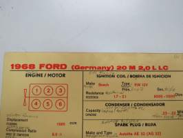 Ford (Germany) 20M 2,0 L LC 1968 Sun Electric Corporation -säätöarvokortti, monikielinen -technical specs
