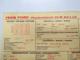 Ford (Germany) 20M 2,0 L LC 1968 Sun Electric Corporation -säätöarvokortti, monikielinen -technical specs