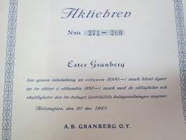 A.B. Granberg O.Y., Ester Granberg, aktiebrev N:ris 271-280 10 aktier á 100 mk, 1 000 m, Helsingfors 1945 -osakekirja / share certificate