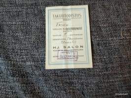 HJ. Salon takuutodistus taskukellosta v.1954