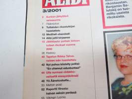 Alibi 2001 nr 3, Kurikan nelossurma - Isä ampui kolme lasta ja itsensä, Tulilahden rikostutkijan haastattelu, Kenneth Salutskij rötöstelee, Huumekunnat, ym.