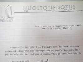 Triumph henkilöautot Herald, Vitesse, Kuriiri, 2000, TR4, Spitfire, ym. - Oy Suomen Autoteollisuus Ab:n tuomien mallien huoltotiedotuksia, tekn tietoja vv. 1962-1966