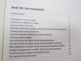 Audi A8 1994 Presse Information -press kitt -mallin lanseeraus- / esittelykansio, mukana 21 pressikuvaa