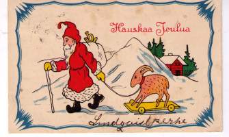 Joulukortti: pukki  matkalla  lahjoineen. Kulkenut  1931
