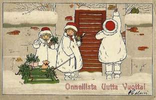 Kolmisin  - uudenvuodenkortti sign  kulkenut  1910-luku  merkki pois