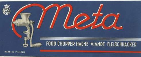Meta  Food Chopper ( lihamylly )  1936 -  tuote-etiketti 11x26  cm