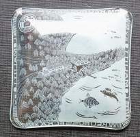 Keuruselkä Lomaliitto  - tuhkakuppi  lasia 8,5x8,5 cm  1950-luku