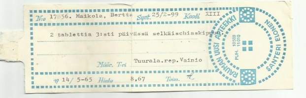 Rauman Uusi Apteekki Santeri Elonen Rauma- resepti signatuuri  1965