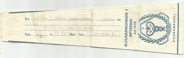 Kuusankosken Apteekki Kuusankoski- resepti signatuuri  1959