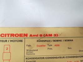 Citroën Ami 8 (AM 3) 1969 Sun Electric Corporation -säätöarvokortti, monikielinen -technical specifications, multilingual