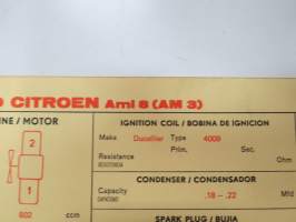Citroën Ami 8 (AM 3) 1969 Sun Electric Corporation -säätöarvokortti, monikielinen -technical specifications, multilingual