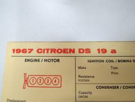 Citroën DS 19 a 1967 Sun Electric Corporation -säätöarvokortti, monikielinen -technical specifications, multilingual