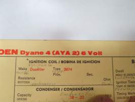 Citroën Dyane 4 (AYA 2) 6 Volt 1969 Sun Electric Corporation -säätöarvokortti, monikielinen -technical specifications, multilingual