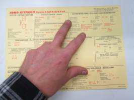 Citroën Dyane 4 (AYA 2) 6 Volt 1969 Sun Electric Corporation -säätöarvokortti, monikielinen -technical specifications, multilingual