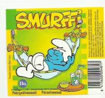 Smurffi Päärynälimonaadi -  juomaetiketti