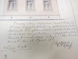 Ritning öfver tillbyggnad... Ryska kyrkogatan &amp; Hantverkaregatan (Yliopistonkatu &amp; Käsityöläiskatu, Turku) -rakennuspiirustukset v. 1891, piirtänyt Aug. Helenius