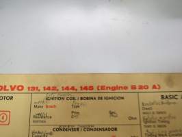 Volvo 131, 142, 144, 145 (Engine B20 A) 1969 Sun Electric Corporation -säätöarvokortti, monikielinen -technical specifications, multilingual