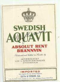 Swedish Aquavit Absolut rent Brännvin - viinaetiketti