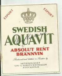 Swedish Aquavit Absolut rent Brännvin Export  - viinaetiketti