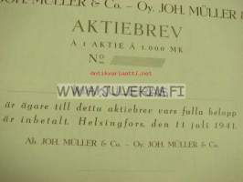 Ab. Joh. Müller &amp; Co Oy Joh. Müller &amp; Co, Helsinki 1941, 1 000 mk -osakekirja