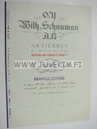 Oy Wilh. Schauman Ab, Jyväskylä 1937, 1 000 mk -osakekirja / share certificate