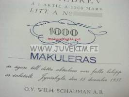 Oy Wilh. Schauman Ab, Jyväskylä 1937, 1 000 mk -osakekirja / share certificate