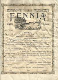 Henkivakuutusyhtiö Fennia Turku 1895 - vakuutuskirja täytetty ja blanko yht 2 kpl