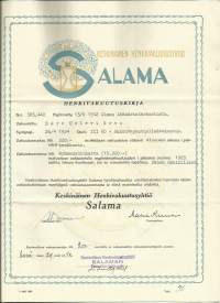 Keskinäinen Henkivakuutusyhtiö Salama  - vakuutuskirja 1942