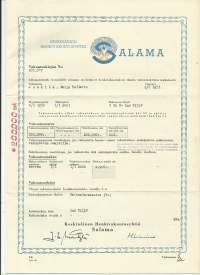 Keskinäinen Henkivakuutusyhtiö Salama  - vakuutuskirja 1959